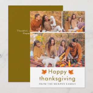 Elegant  Happy Thanksgiving Autumn Leaves 3 Photo Holiday Card