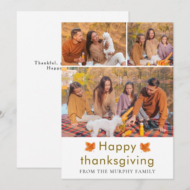 Elegant  Happy Thanksgiving Autumn Leaves 3 Photo Holiday Card (Front/Back)