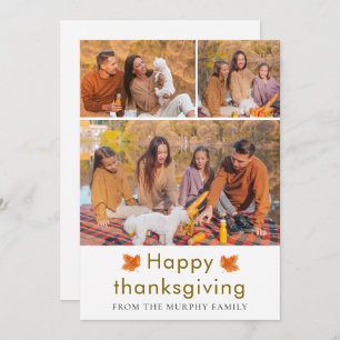 Elegant Happy Thanksgiving Autumn Leaves 3 Photo Holiday Card