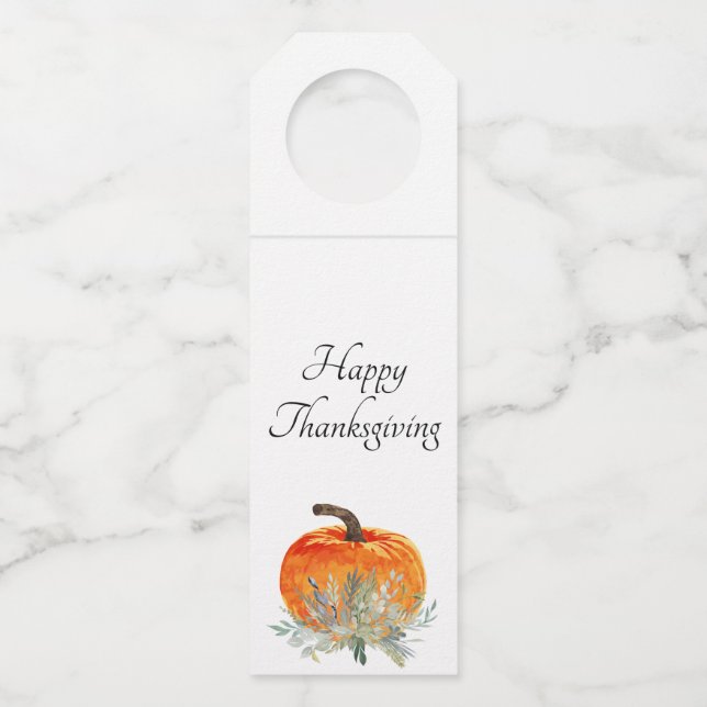 Elegant Happy Thanksgiving Pumpkin Bottle Tag (Front)