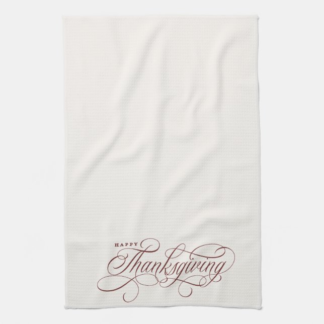 Elegant Happy Thanksgiving script design Tea Towel (Vertical)