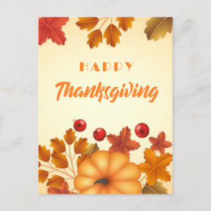 Elegant Happy Thanksgiving with Pumpkin and Leaves Holiday Postcard