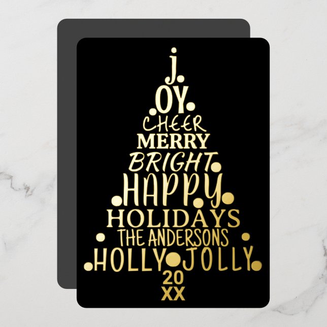 Elegant Happy Word Art Tree Christmas Black Gold Foil Holiday Card (Front/Back)