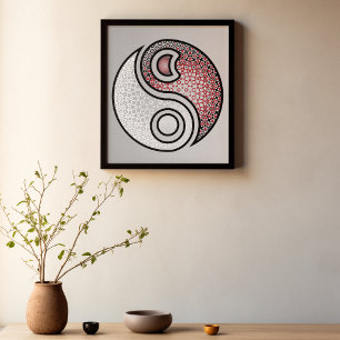 Elegant Harmony – Intricate Red & White Yin Yang Poster