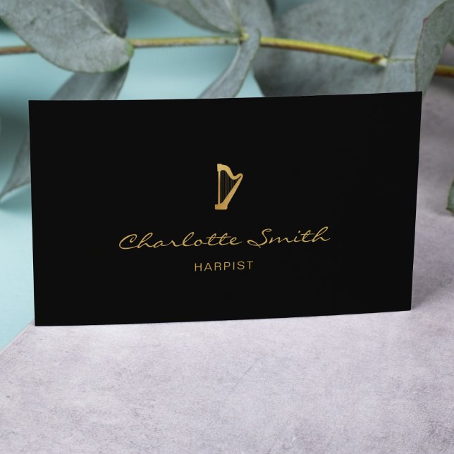 Elegant Harp Gold & Black Professional Musician Business Card (Creator Uploaded)