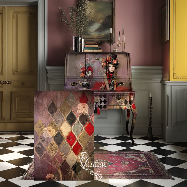 Elegant Hatter Harlequin Diamond Floral Tissue Paper (Decoupage sheet leaning against vintage secretary desk on checkerboard floor with pink Persian rug)