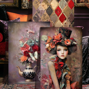 Elegant Hatter Harlequin Red Rose Trio Wrapping Paper Sheet