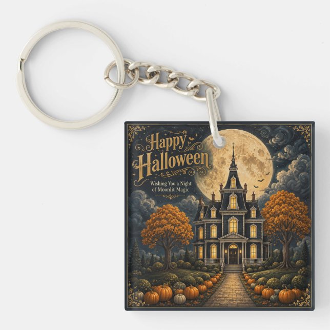 Elegant Haunted Manor Halloween Key Ring (Front)