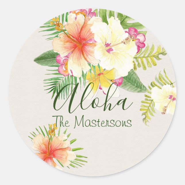 Elegant Hawaiian Aloha Tropical Personalised Classic Round Sticker (Front)