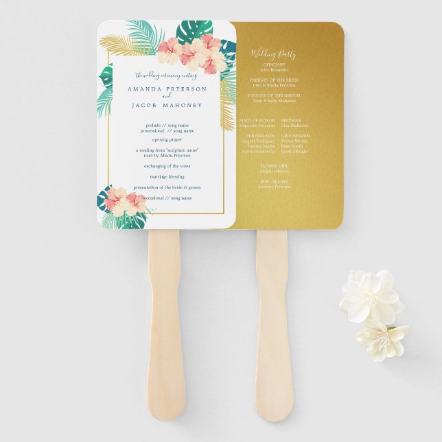 Elegant Hawaiian Hibiscus Wedding Program Hand Fan (Front and Back)