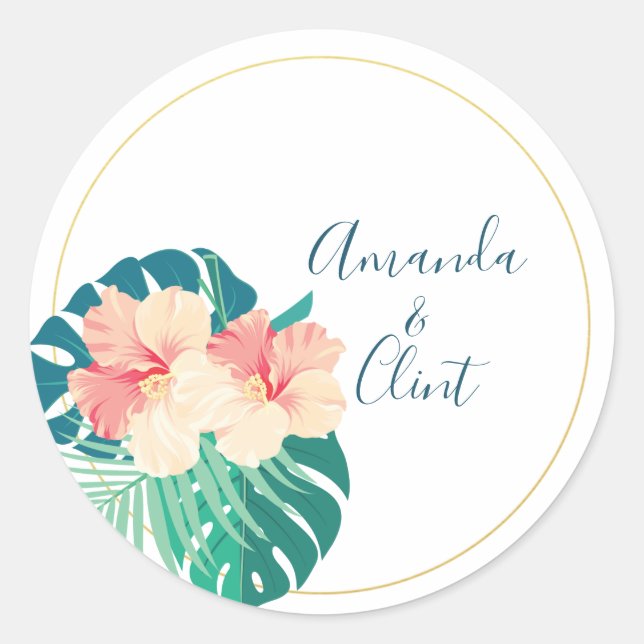 Elegant Hawaiian Hibiscus Wedding Stickers (Front)