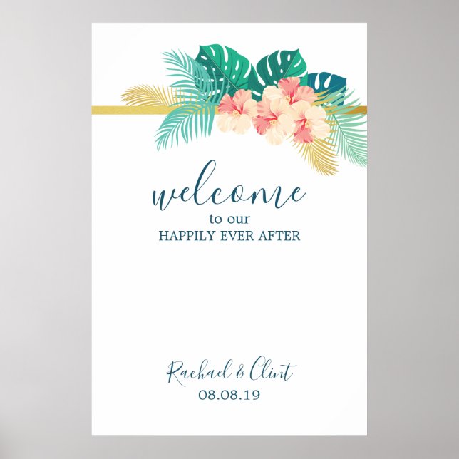 Elegant Hawaiian Hibiscus Wedding Welcome Poster (Front)