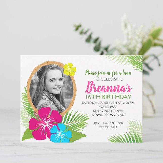 Elegant Hawaiian Luau Birthday Photo Invitation (Standing Front)