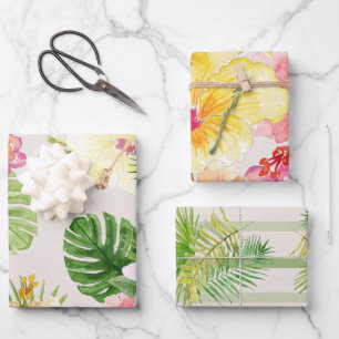 Elegant Hawaiian Tropical Watercolor Floral Wrapping Paper Sheet