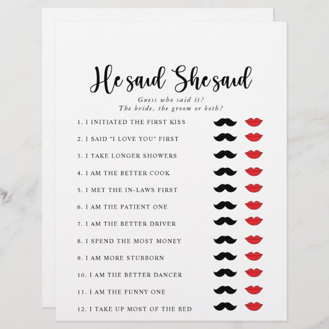 Elegant He Said She Said Bridal Shower Game (Front/Back)