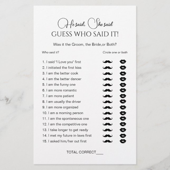 Elegant He Said She Said Bridal Shower Game (Front)