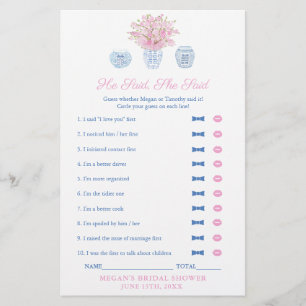 Elegant He Said She Said Wedding Shower Game Card