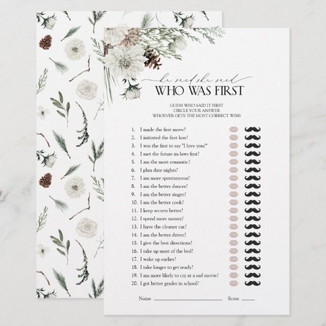 Elegant He Said She Said Winter Bridal Shower Game (Front/Back)