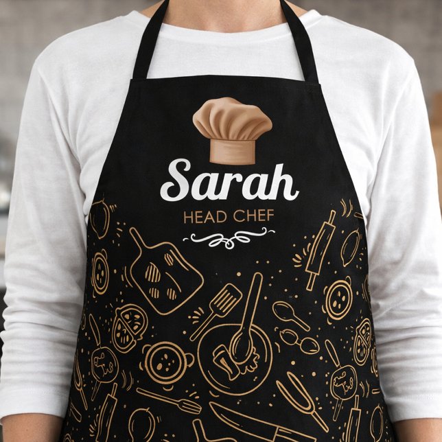Elegant Head Chef Kitchen Illustration with Gold  Apron (Personalized chef apron with elegant gold cooking pattern)