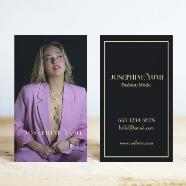 Elegant Headshot Photo Vertical Black & Gold Font Business Card (Creator Uploaded)