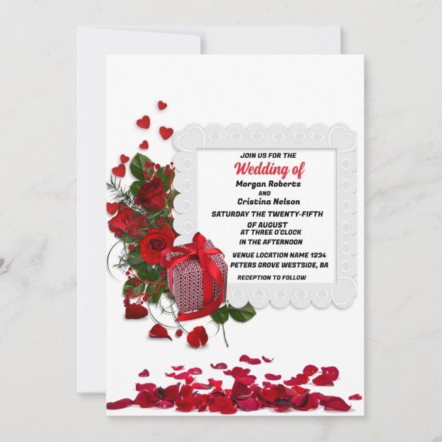 Elegant heart and Red Rose Romantic Floral Wedding Invitation (Front)
