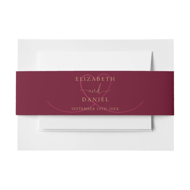 Elegant Heart Burgundy And Gold Wedding Invitation Belly Band (Front Example)