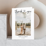 Elegant Heart Calligraphy Photo Wedding Thank You Card<br><div class="desc">Capture the essence of your special day with our exclusive personalised wedding thank you fold card, thoughtfully designed for newlyweds. The front cover proudly displays your chosen photo, accompanied by your names in a sleek, contemporary font, and a heartfelt 'Thank You' in modern script, accentuated with a cute heart nestled...</div>