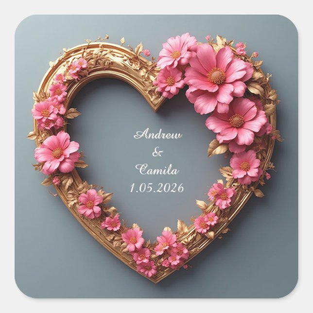 Elegant Heart Frame Decorated With Pink Roses Square Sticker (Front)