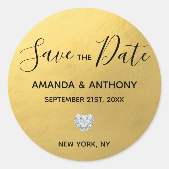 Elegant Heart Gold Foil Wedding SAVE THE DATE Classic Round Sticker (Front)