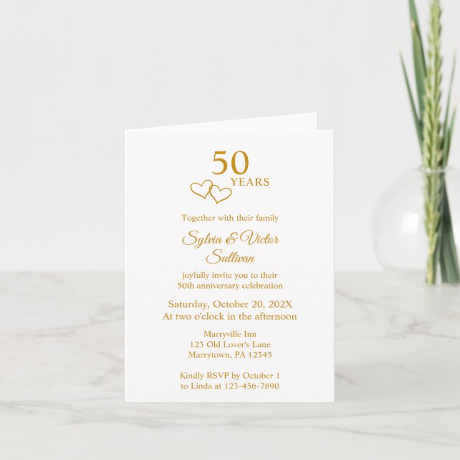 Elegant Heart Golden 50th Wedding Anniversary Invitation (Front)