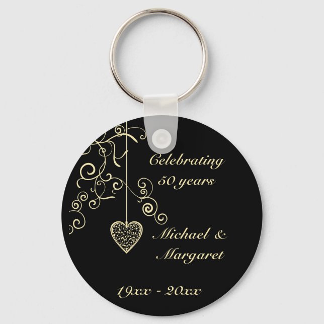 Elegant Heart Golden Wedding Anniversary Memento Key Ring (Front)