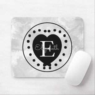 Elegant Heart Initial Letter Monogram Black White Mouse Mat