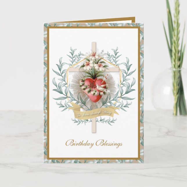 Elegant Heart of  Virgin Mary Cross Floral Card (Front)