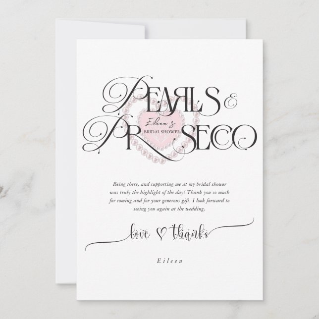 Elegant Heart Pearls Prosecco Bubbly Bridal Shower Thank You Card (Front)