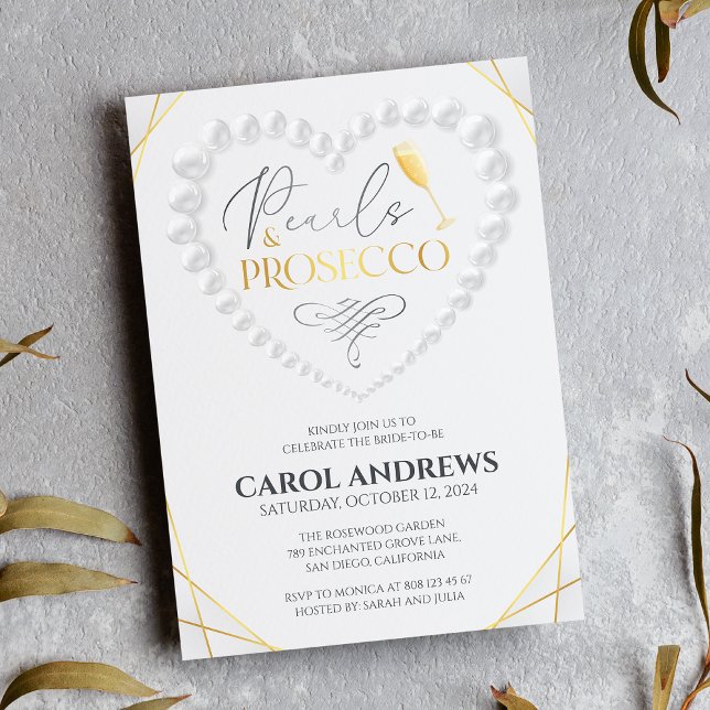 Elegant Heart Pearls & Prosecco Gold Bridal Shower Invitation (Creator Uploaded)