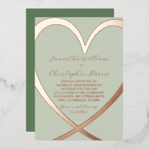 Elegant Heart Rose Gold & Green Wedding Invitation