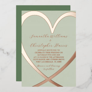 Elegant Heart Rose Gold & Green Wedding Invitation