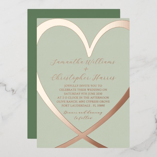 Elegant Heart Rose Gold & Green Wedding Invitation (Front/Back)