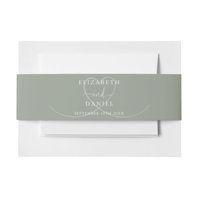 Elegant Heart Sage Green Wedding Invitation Belly Band (Front Example)