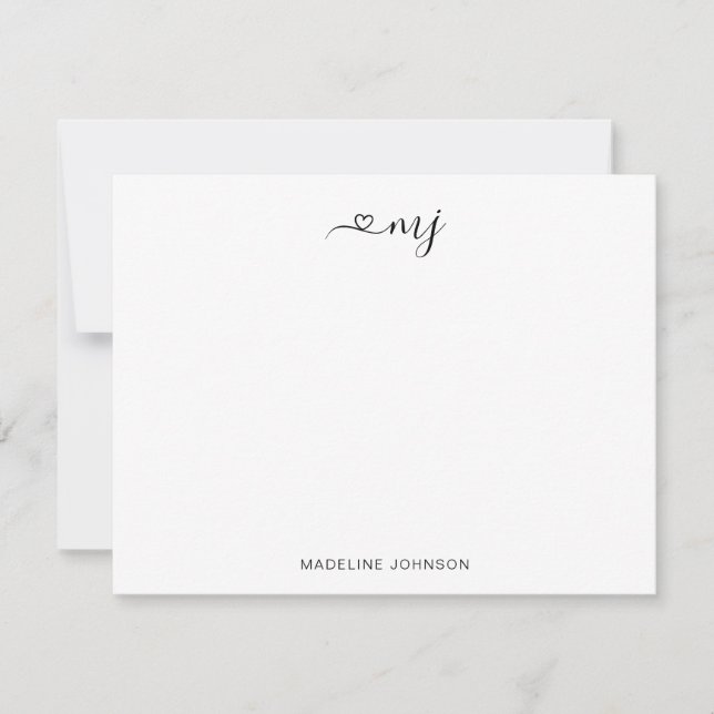 Elegant Heart Script 2 Initial Black Monogram Card (Front)