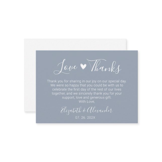 Elegant Heart Script Dusty Blue Wedding Thank You Card (Front/Back In Situ)