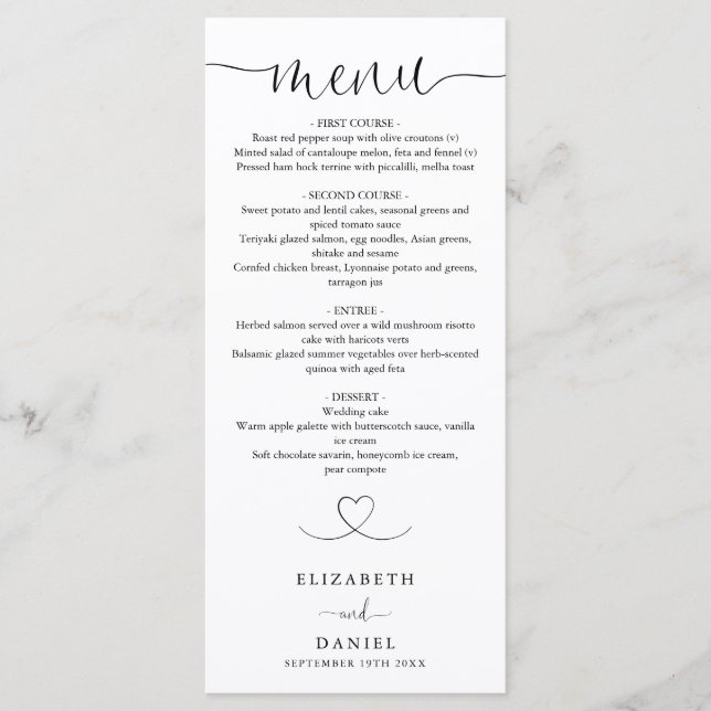 Elegant Heart Script Wedding Dinner Menu (Front)