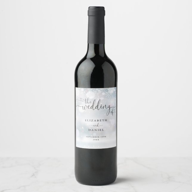 Elegant Heart Script Winter Wedding Wine Label (Front)