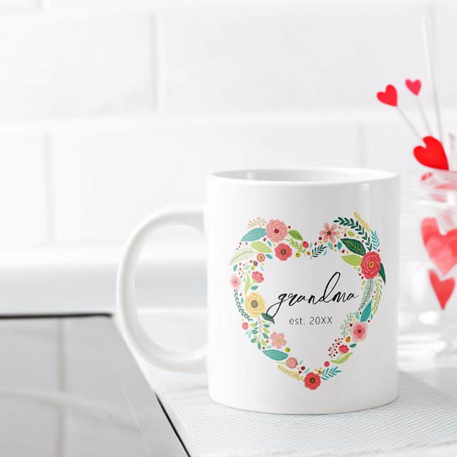 Elegant Heart Shape Flowers Grandma Est Large Coffee Mug (Elegant Heart Shape Flowers Grandma Est Giant Coffee Mug)
