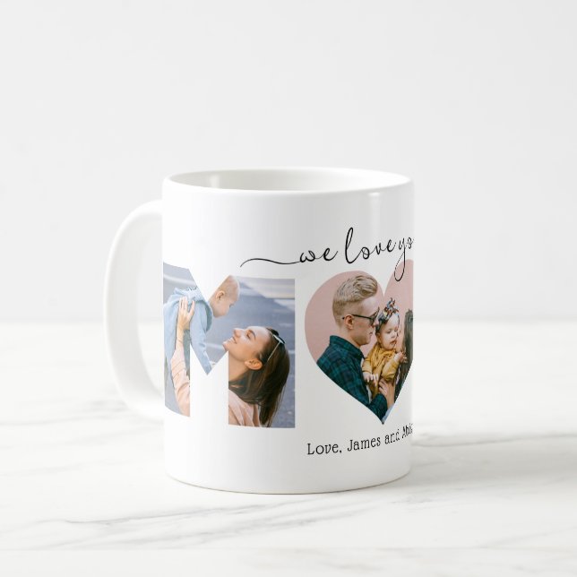 Elegant Heart We Love You Mum 3 Photo Collage Coffee Mug (Front Left)