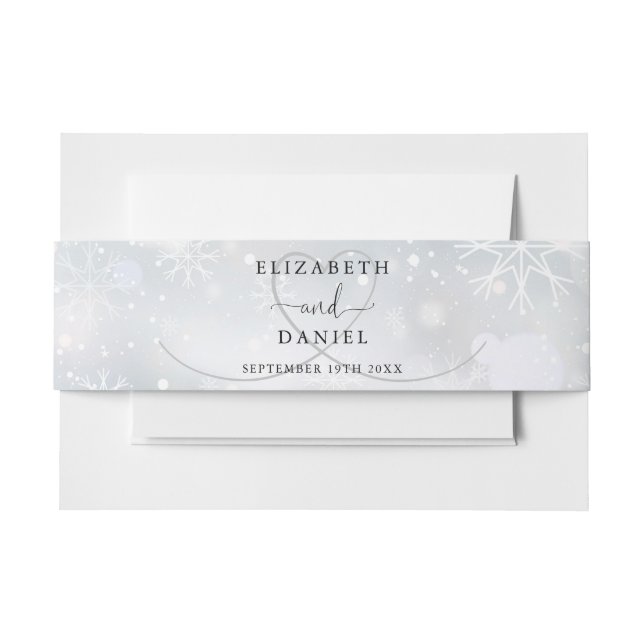 Elegant Heart Winter Snowflakes Wedding Invitation Belly Band (Front Example)