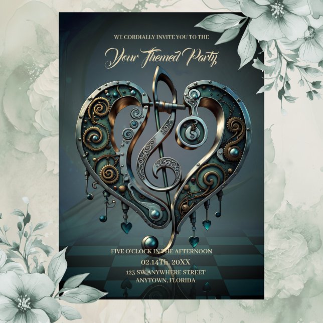 Elegant heart with clef in steampunk style. invitation (Music)