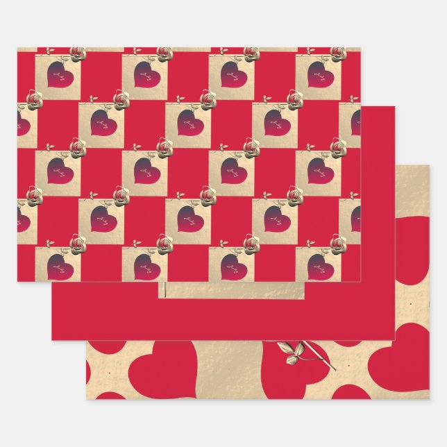 Elegant Hearts and Roses Wrapping Paper Sheet (Set)
