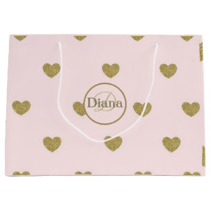 Elegant hearts Blush Pink Monogram Name Large Gift Bag