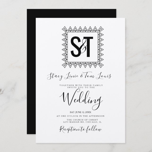 Elegant Hearts & Frame Black White Wedding kraft Invitation (Front/Back)